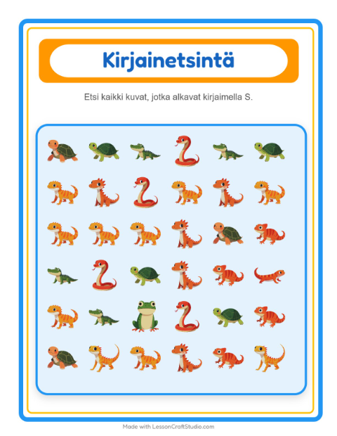 Etsi kirjain – Matelijat ja sammakkoeläimet