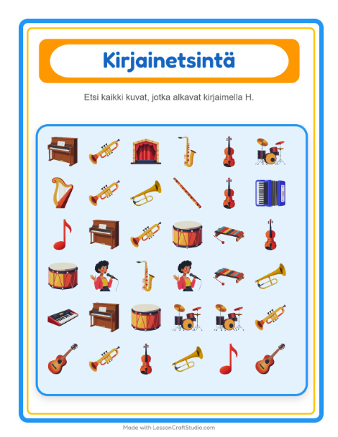 Esikatselu: Etsi Ja Laske-tehtäväarkki, aiheena Musiikki, Varhaiskasvatus