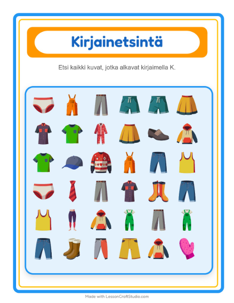 Etsi kirjain – Vaatteet