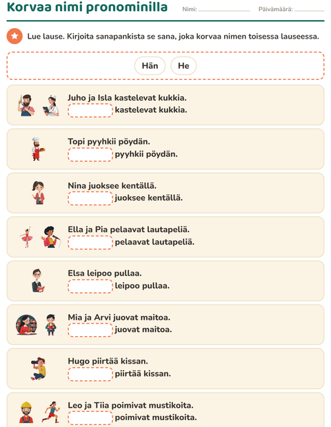 Esikatselu: Hän vai he-tehtäväarkki, 1. luokka