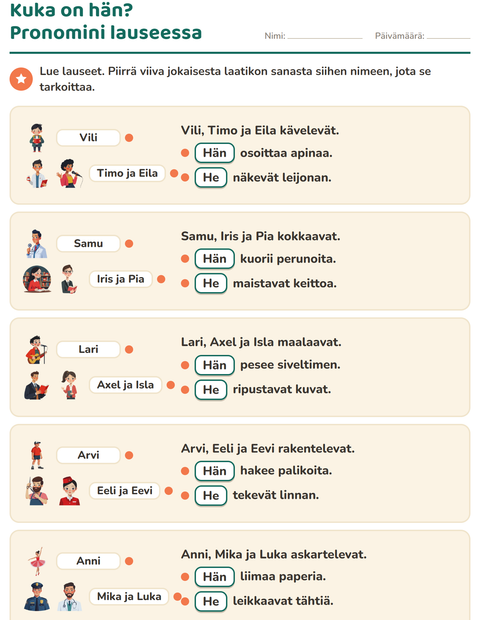 Esikatselu: Hän vai he-tehtäväarkki, 2. luokka
