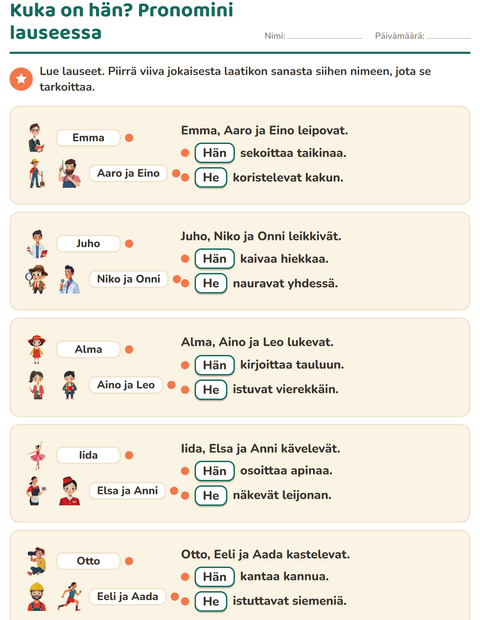 Esikatselu: Kuka on hän? Yhdistä pronomini oikeaan nimeen