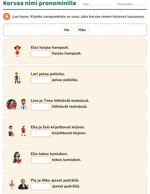 Esikatselu: Hän vai he-tehtäväarkki, 1. luokka