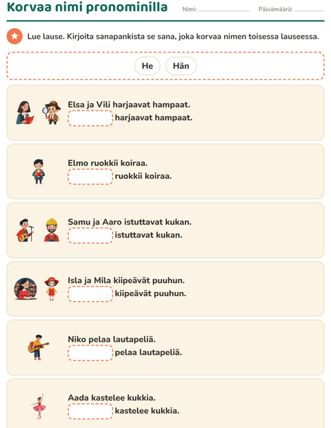 Esikatselu: Hän vai he-tehtäväarkki, 1. luokka