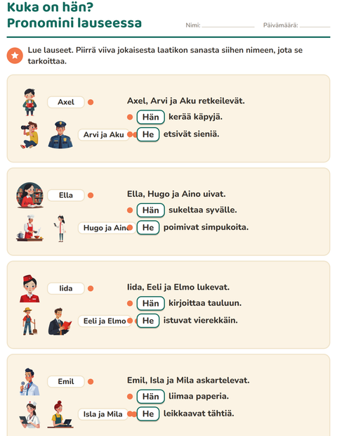 Esikatselu: Hän vai he-tehtäväarkki, 2. luokka
