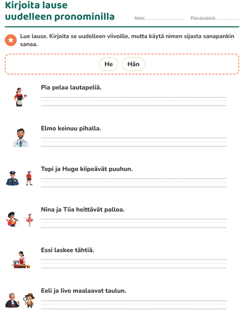 Esikatselu: Hän vai he-tehtäväarkki, 2. luokka