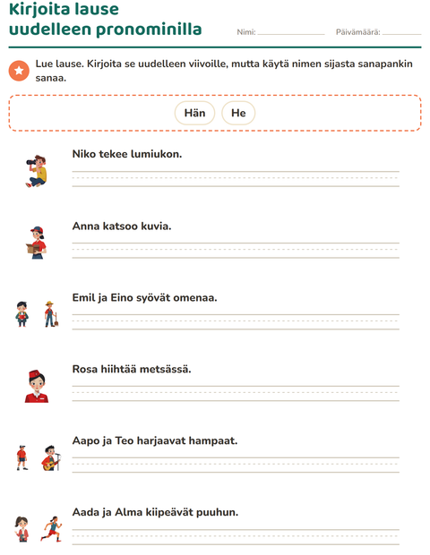 Esikatselu: Hän vai he-tehtäväarkki, 2. luokka