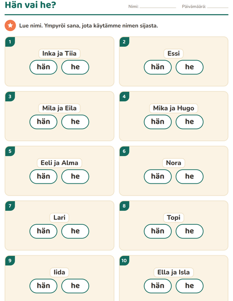 Esikatselu: Hän vai he-tehtäväarkki, 1. luokka