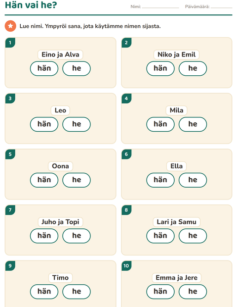 Esikatselu: Hän vai he-tehtäväarkki, 1. luokka