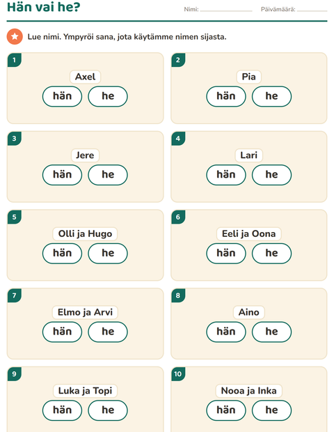Esikatselu: Hän vai he-tehtäväarkki, 1. luokka