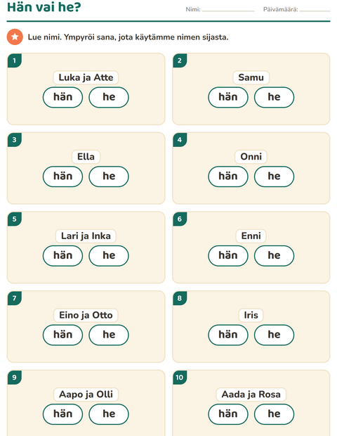 Esikatselu: Hän vai he-tehtäväarkki, 1. luokka