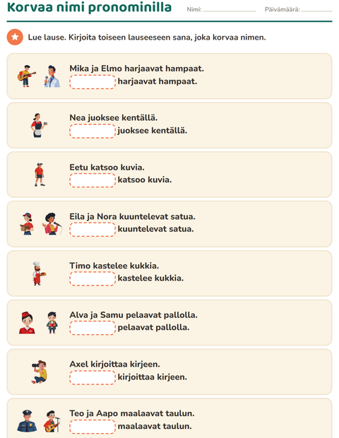 Esikatselu: Hän vai he-tehtäväarkki, 1. luokka