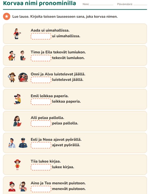 Esikatselu: Hän vai he-tehtäväarkki, 1. luokka
