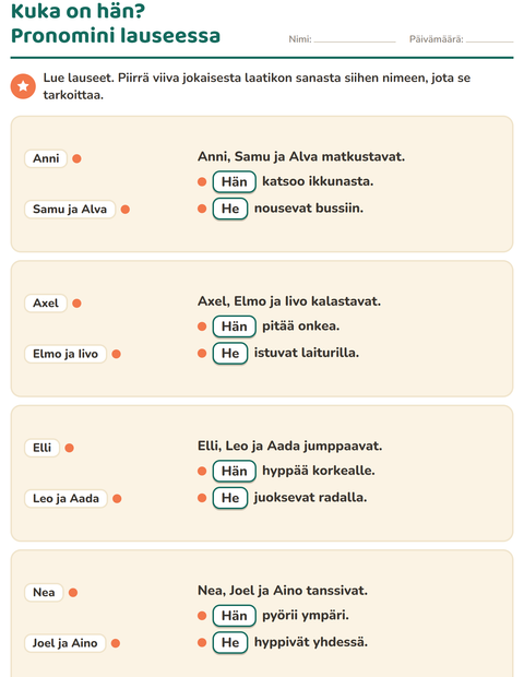 Esikatselu: Hän vai he-tehtäväarkki, 2. luokka