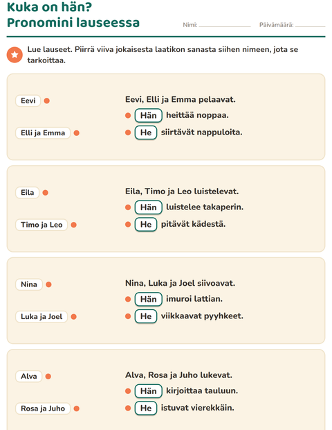 Esikatselu: Hän vai he-tehtäväarkki, 2. luokka