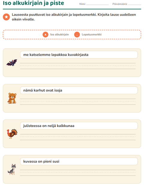Esikatselu: Iso alkukirjain ja välimerkit-tehtäväarkki, aiheena Metsän eläimet, 2. luokka