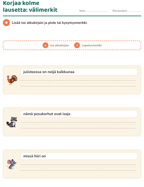 Esikatselu: Iso alkukirjain ja välimerkit-tehtäväarkki, aiheena Metsän eläimet, 2. luokka