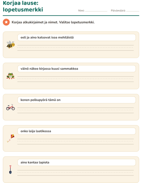 Esikatselu: Iso alkukirjain ja välimerkit-tehtäväarkki, aiheena Kevät, 2. luokka