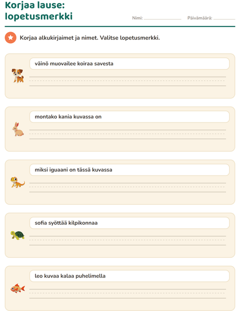 Esikatselu: Iso alkukirjain ja välimerkit-tehtäväarkki, aiheena Lemmikit, 2. luokka