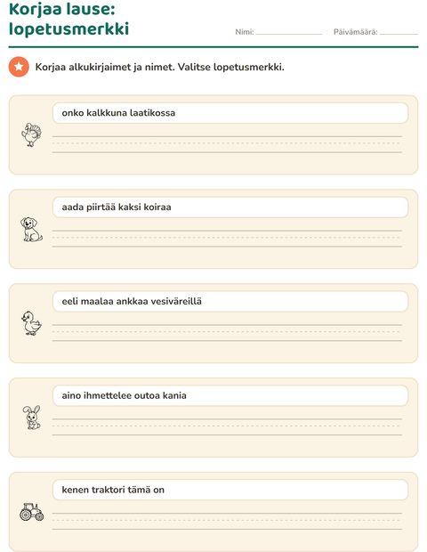 Esikatselu: Iso alkukirjain ja välimerkit-tehtäväarkki, aiheena Maatila MV, 2. luokka