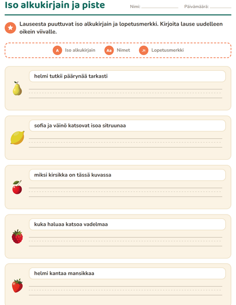 Esikatselu: Iso alkukirjain ja välimerkit-tehtäväarkki, aiheena Ruokakaupassa, 2. luokka