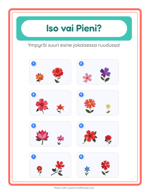 Esikatselu: Iso Vai Pieni-tehtäväarkki, aiheena Kukat, Varhaiskasvatus