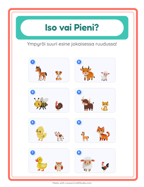 Esikatselu: Iso vai pieni: Maatilan eläimet – esikouluikäisille