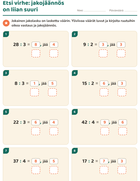 Esikatselu: Jakojäännös-tehtäväarkki, 3. luokka