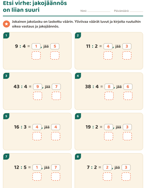 Esikatselu: Jakojäännös-tehtäväarkki, 3. luokka