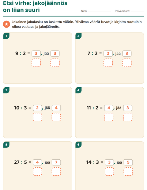 Esikatselu: Jakojäännös-tehtäväarkki, 3. luokka