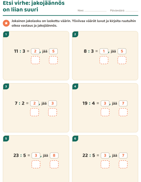 Esikatselu: Jakojäännös-tehtäväarkki, 3. luokka