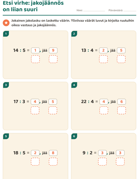 Esikatselu: Jakojäännös-tehtäväarkki, 3. luokka