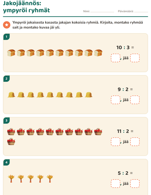 Esikatselu: Jakojäännös-tehtäväarkki, aiheena Kiitospäivä, 3. luokka