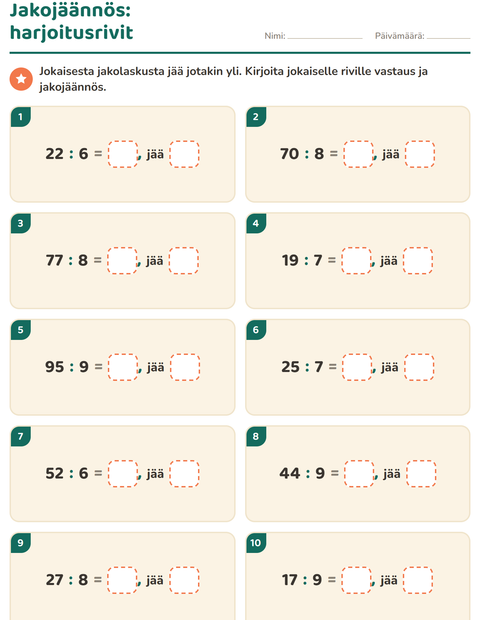 Esikatselu: Jakojäännös-tehtäväarkki, 3. luokka