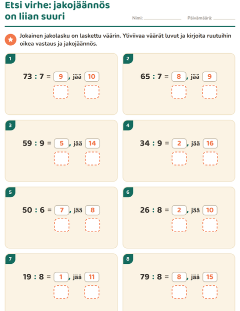 Esikatselu: Jakojäännös-tehtäväarkki, 3. luokka