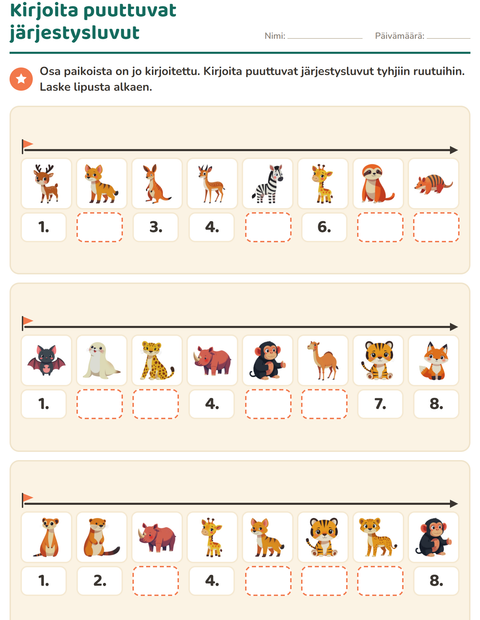 Kirjoita puuttuvat järjestysluvut