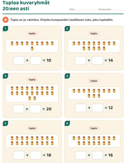 Esikatselu: Kaksinkertainen ja puolet-tehtäväarkki, aiheena Aamiainen, 1. luokka