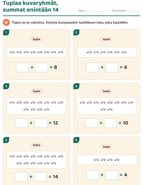 Esikatselu: Kaksinkertainen ja puolet-tehtäväarkki, aiheena Ajoneuvot MV, 1. luokka