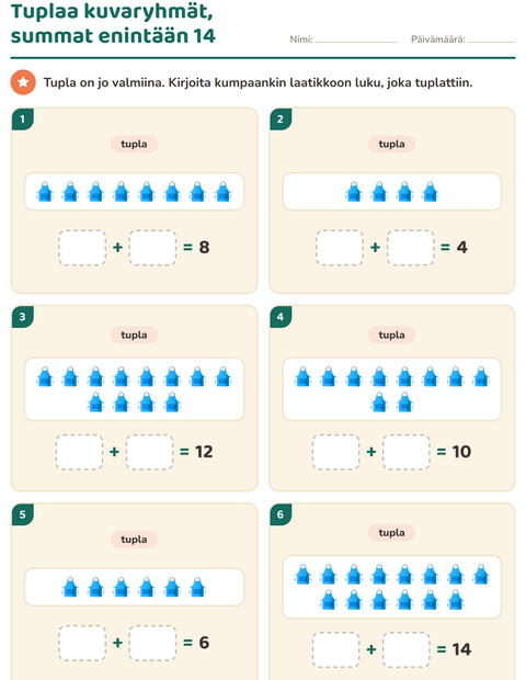 Esikatselu: Kaksinkertainen ja puolet-tehtäväarkki, aiheena Asusteet, 1. luokka