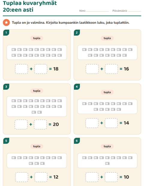 Esikatselu: Kaksinkertainen ja puolet-tehtäväarkki, aiheena Keittiö MV, 1. luokka