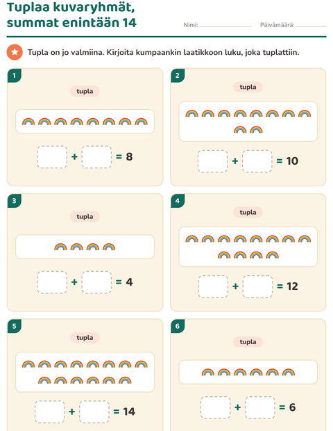 Esikatselu: Kaksinkertainen ja puolet-tehtäväarkki, aiheena Kesä, 1. luokka