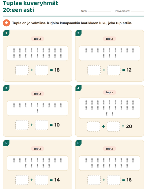 Esikatselu: Kaksinkertainen ja puolet-tehtäväarkki, aiheena Koulutus MV, 1. luokka