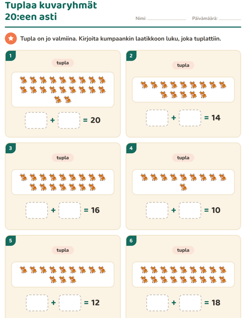 Esikatselu: Kaksinkertainen ja puolet-tehtäväarkki, aiheena Maatilan eläimet, 1. luokka