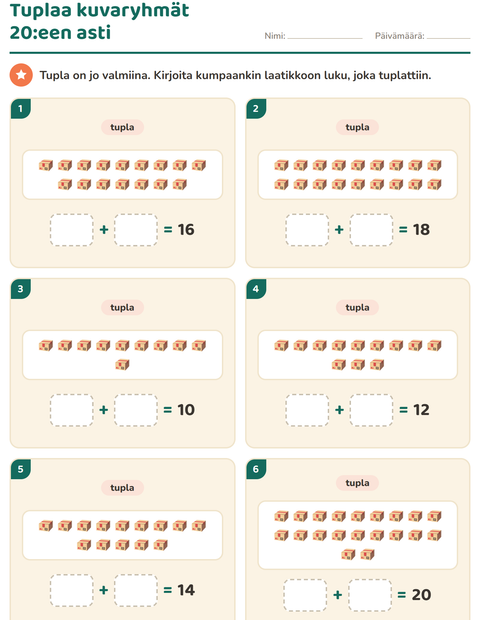 Esikatselu: Kaksinkertainen ja puolet-tehtäväarkki, aiheena Postitoimisto, 1. luokka
