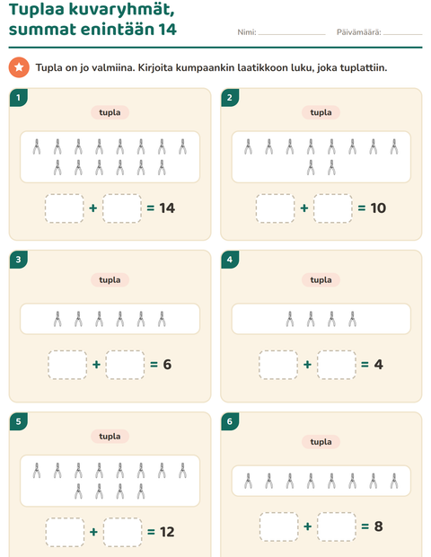 Esikatselu: Kaksinkertainen ja puolet-tehtäväarkki, aiheena Työkalut MV, 1. luokka