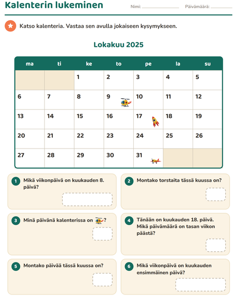Esikatselu: Kalenteri-tehtäväarkki, 2. luokka