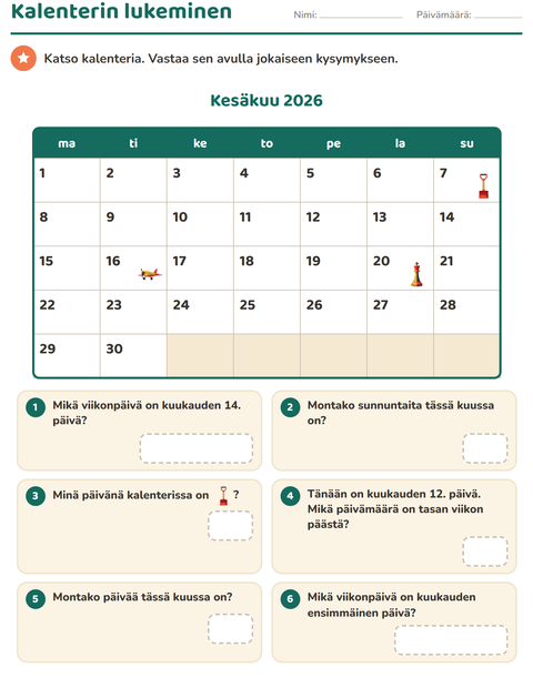 Esikatselu: Kalenteri-tehtäväarkki, 2. luokka