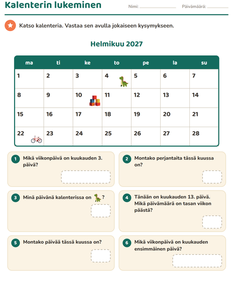 Esikatselu: Kalenteri-tehtäväarkki, 2. luokka