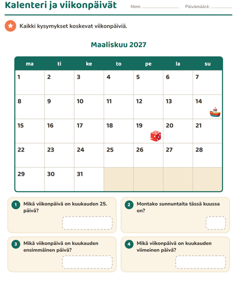 Esikatselu: Kalenteri-tehtäväarkki, 2. luokka