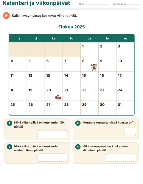 Esikatselu: Kalenteri-tehtäväarkki, 2. luokka